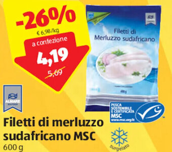 ALDI Filetti di Merluzzo Sudafricano MSC 600 g offerta