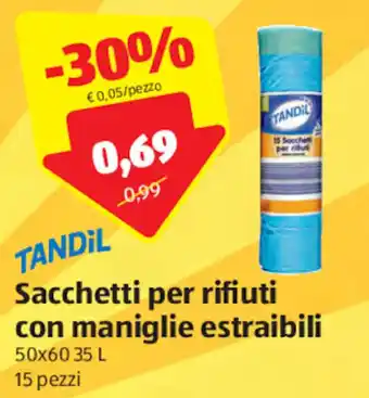 ALDI Tandil Sacchetti Per Rifiuti Con Maniglie Estraibili 50x60 35 L 15 Pezzi offerta