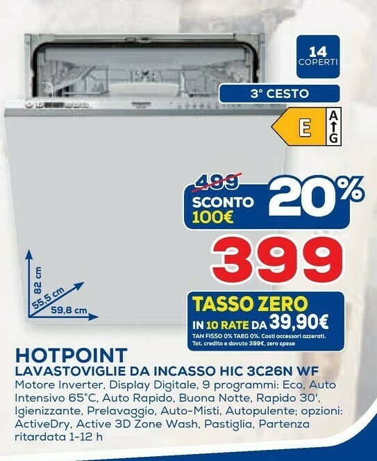 Hotpoint HIC 3C26N WF Lavastoviglie A Scomparsa Totale 14 Coperti E offerta  di Euronics
