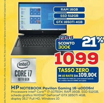 Euronics HP Pavilion Gaming 16-a0006nl DDR4-SDRAM Computer Portatile 40,9 Cm (16.1") 1920 X 1080 Pixel Intel® Core™ I7 Di Decima Gener offerta