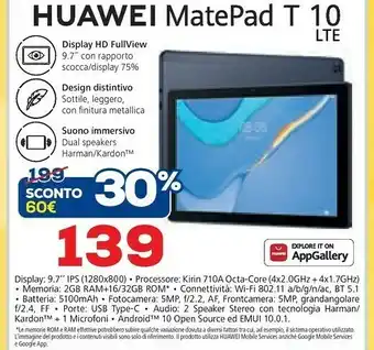 Euronics Huawei MatePad T 10 32 GB 24,6 Cm (9.7") Hisilicon Kirin 2 GB Wi-Fi 5 (802.11ac) EMUI 10.1 Blu offerta