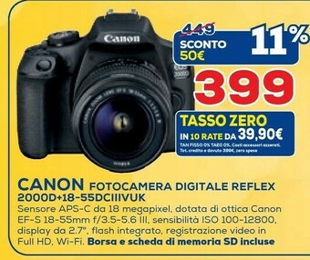 Euronics Canon Fotocamera Digitale Reflex 2000D+18-55DCIIIVUK offerta