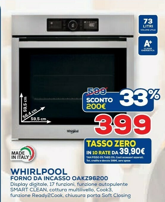 Whirlpool OAKZ9 6200 CS IX Forno Elettrico 73 L 3650 W Acciaio Inossidabile  A+ offerta di Euronics