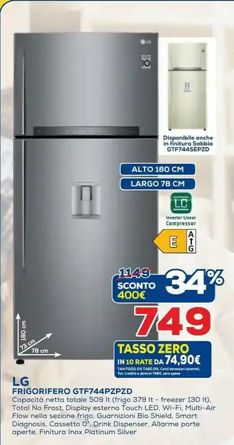 Euronics LG GTF744PZPZD Doppia Porta Libera Installazione Acciaio Inossidabile 509 L A++ offerta