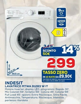 Euronics Indesit MTWA 91283 W IT Lavatrice Libera Installazione Caricamento Frontale 9 Kg 1200 Giri/min D Bianco offerta