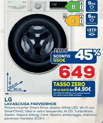 Euronics LG F4DV509H0E Lavasciuga Libera Installazione Caricamento Frontale Bianco E offerta