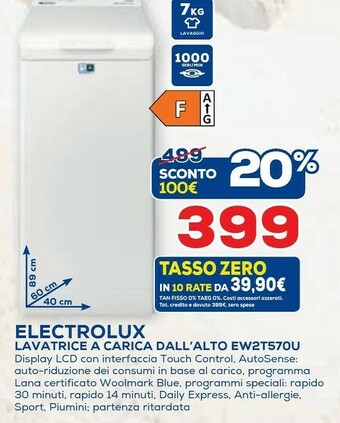 Euronics Electrolux EW2T570U Lavatrice Libera Installazione Caricamento Dall'alto Bianco 7 Kg 1000 Giri/min A+++ offerta