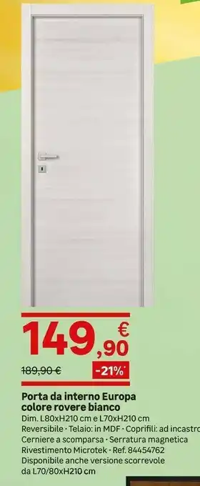 Porta Da Interno Europa Colore Rovere Bianco