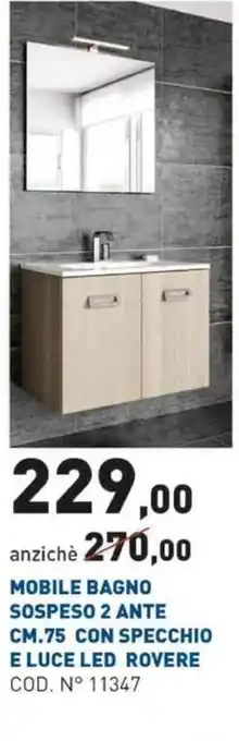 Scaramuzza Mobile Bagno Sospeso 2 Ante CM.75 Con Specchio E Luce LED Rovere offerta