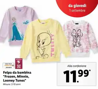 Lidl Felpa da bambina 'frozen, minnie, looney tunes' offerta