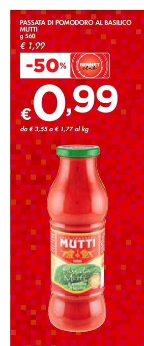 Bennet Passata di pomodoro al basilico mutti offerta