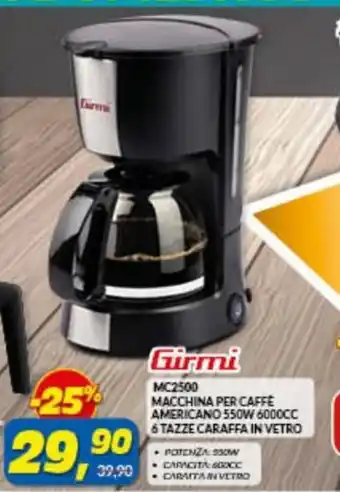 Risparmio Casa Girmi MC2500 Macchina Per Caffe Americano 550W 6000CC 6 Tazze Caraffa In Vetro offerta