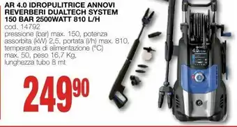 Ar 4.0 idropulitrice annovi reverberi dualtech system 150 bar 2500watt 810 l/h