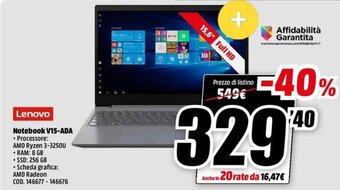 MediaWorld Lenovo Notebook V15-ADA offerta