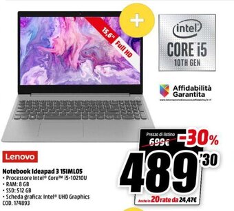 MediaWorld Lenovo Notebook Ideapad 3 151ML05 offerta
