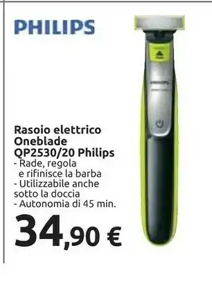 Carrefour Philips Norelco OneBlade QP2530/25 Regolabarba Bagnato E Secco Verde, Grigio offerta