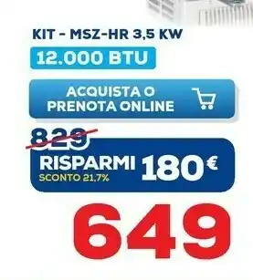 Euronics Mitsubishi Electric Condizionatore KIT-MSZ-HR 3,5 KW offerta