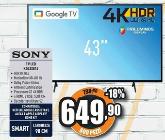 Unieuro Sony BRAVIA KD43X81J - Smart Tv 43 Pollici, 4k Ultra HD LED, HDR, Con Google TV (Nero, Modello 2021) offerta