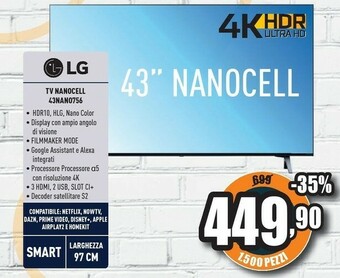 Unieuro LG NanoCell 43NANO756PA 109,2 Cm (43") 4K Ultra HD Smart TV Wi-Fi Blu offerta