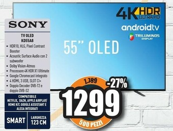 Unieuro Sony KD55A8, Smart Android TV OLED 55’’ Triluminus, 4K HDR, Processore X1 Ultimate offerta