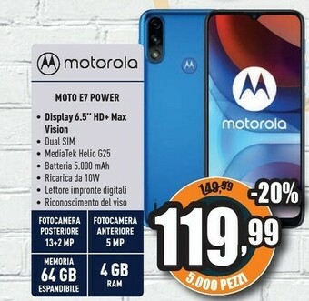 Unieuro Motorola Moto E7 Power 16,5 Cm (6.5") Dual SIM Ibrida Android 10.0 4G USB Tipo-C 4 GB 64 GB 5000 MAh Blu offerta