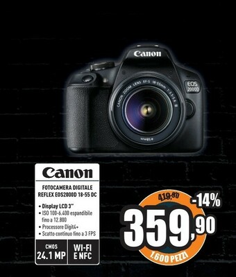 Unieuro Canon EOS 2000D + 18-55 IS Kit Kit Fotocamere SLR 24,1 MP CMOS 6000 X 4000 Pixel Nero offerta