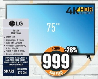 Unieuro LG 75UP75006LC TV 190,5 Cm (75") 4K Ultra HD Smart TV Wi-Fi Nero offerta