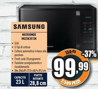 Samsung Microonde MG23K3513K offerta di Unieuro