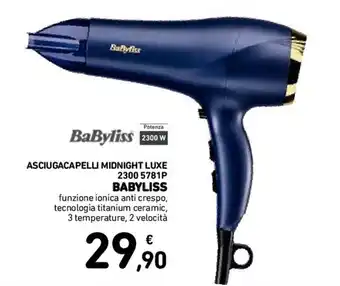 Conad BabyLiss Asciugacapelli Midnight Luxe 2300 5781P Funzione ionica Anti Crespo, Tecnologia Titanium Ceramic,3 Temperature , offerta