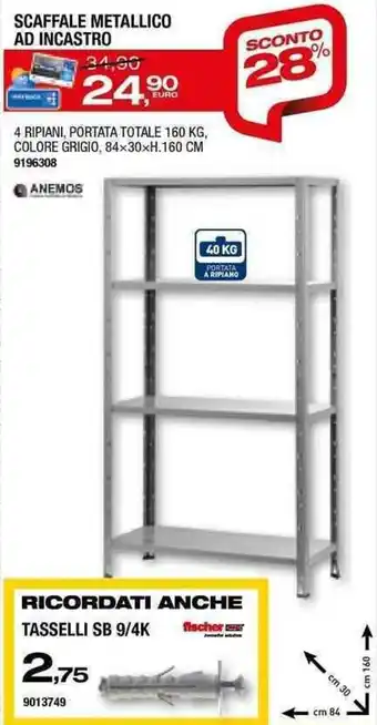 Bricofer Scaffale Metallico Ad Incasso 4 Ripiani, Portata Totale 160 kg, Colore Grigio, 84x30xH.160 cm offerta