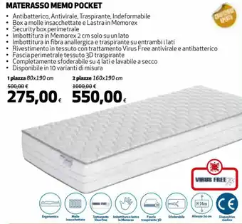 Coop Materasso Memo Pocket 1 Plaza 80 x 190 cm offerta