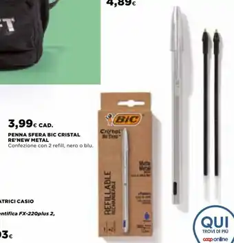 Coop BIC Cristal Penna Sfera Re'New Metal Confezione Con 2 Refill, Nero o Blu offerta