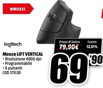 MediaWorld Logitech Mouse Lift Vertical offerta