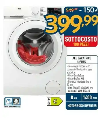 Sinergy AEG L6FBI843 Lavatrice Libera Installazione Caricamento Frontale 8 Kg 1400 Giri/min A+++ Bianco offerta