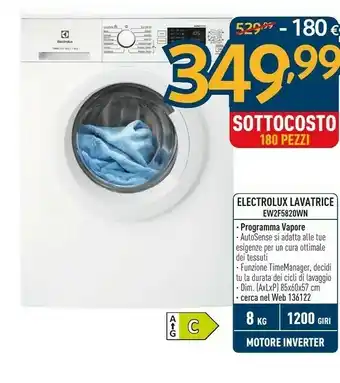 Sinergy Electrolux Lavatrice EW2F582WN Programma Vapore/Autosense Si Adatta Alle Tue Esigenze Per Un Cura Ottimale Dei Tessuti offerta