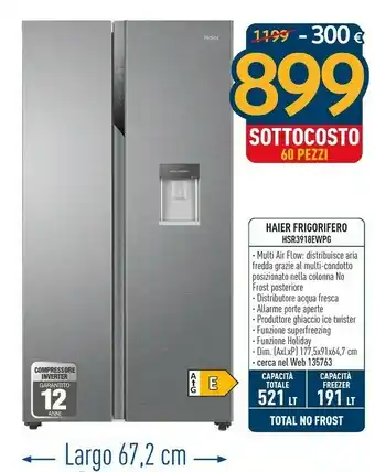 Sinergy Haier Haier SBS 90 Serie 3 HSR3918EWPG Frigorifero Side-by-side Libera Installazione 521 L E Alluminio offerta