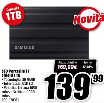 MediaWorld Samsung SSD Portatile T7 Shield 1 TB offerta
