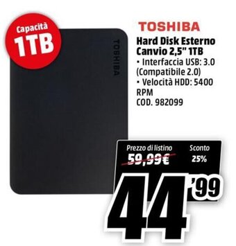 MediaWorld Toshiba Hard Disk Esterno Canvio 2.5" 1TB offerta