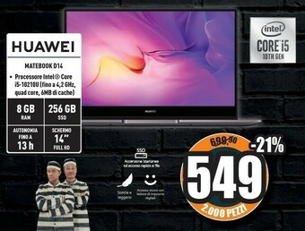 Unieuro Huawei MateBook D14 DDR4-SDRAM Computer Portatile 35,6 Cm (14") 1920 X 1080 Pixel Intel® Core™ I5 Di Decima Generazione 8 GB  offerta