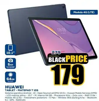 Euronics Huawei MatePad T 10s 64 GB 25,6 Cm (10.1") Hisilicon Kirin 3 GB Wi-Fi 5 (802.11ac) EMUI 10.1 Blu offerta