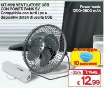 Satur Kooper Kit Mini Ventilatore USB con Power Bank 5V offerta