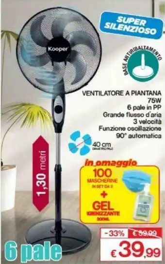 Satur Kooper Ventilatore A Piantana 75w 6 pale 40cm offerta