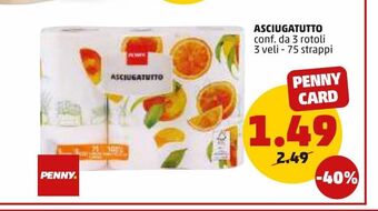 PENNY Asciugatutto 3 rotoli 3 veli 75 strappi offerta
