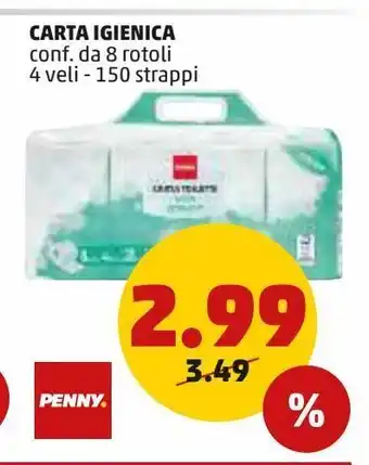 PENNY Carta igienica 8 rotoli 4 veli 150 strappi offerta