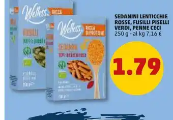 PENNY Sedanini lenticchie rosse, fusilli piselli verdi, penne ceci 250g offerta