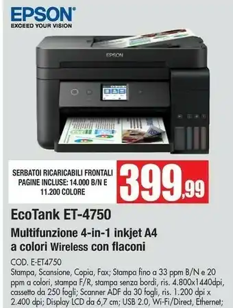 Vobis Epson Epson Ecotank Et-4750 Multifunzione 4-in-1 Inkjet A4 A Colori Wireless Con Flaconi offerta