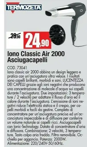 Vobis Termozeta Termozeta Iono Classic Air 2000 Asciugacapelli offerta
