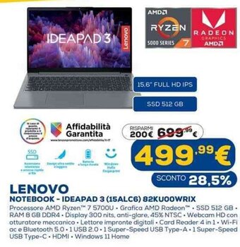 Euronics Lenovo Notebook - Ideapad 3 (15ALC6) 82KUOOWRIX offerta
