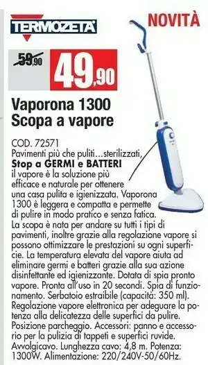 Vobis Termozeta Termozeta Vaporona 1300 Scopa A Vapore Cod 72571 offerta