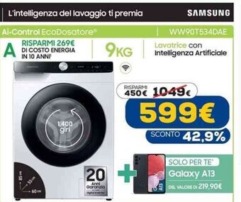 Euronics Samsung Lavatrice Con Intelligenza Artificiale WW90T534DAE offerta